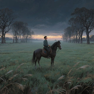 Person riding a horse in a misty field with trees and a sunset or sunrise in the background