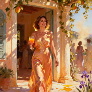 Woman in an orange dress holding a drink, standing in a sunlit outdoor setting with columns and people in the background.
