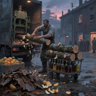 Man loading logs onto a truck with a cart of bottles in an urban setting