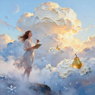 Woman in a white dress standing on a cloud with pears and flowers, holding a tablet.