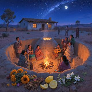 Group of people gathered around a fire pit under a starry sky in a desert setting.