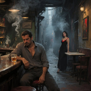Man sitting at a bar with a woman in a long dress in a dimly lit alleyway.