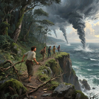 People walking along a cliff edge with dramatic stormy sea and sky in the background