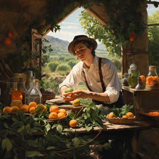Man in a rustic setting with fruits and bottles, surrounded by greenery
