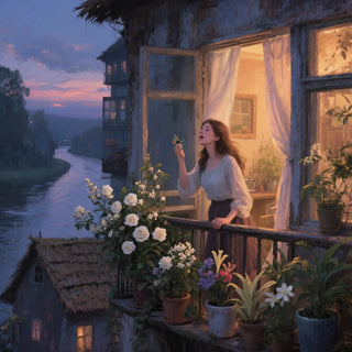 Woman on a balcony with flowers and plants, overlooking a river at dusk.