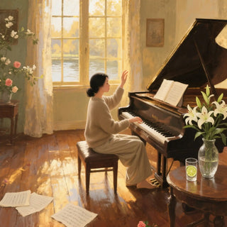 Woman playing a piano in a sunlit room with flowers and a drink on a table.