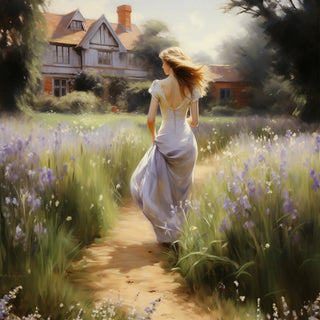 Woman in a white dress walking through a garden with flowers and a house in the background
