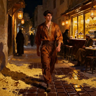 Man in traditional attire walking through a warm-lit street scene with lanterns and people.