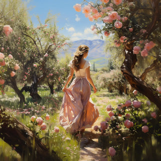 Woman in a pink dress walking through a blossoming garden with mountains in the background