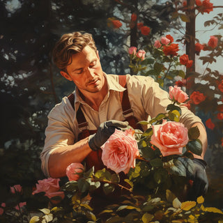 Man tending to roses in a garden