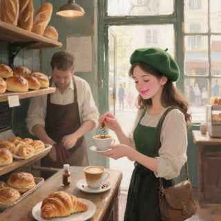 Woman in a green beret and apron holding a cup of coffee in a bakery.
