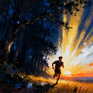 Person running on a path with a dramatic sunset sky