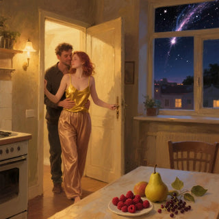 Couple embracing in a warmly lit kitchen with a view of a starry night outside.