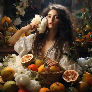 Woman holding flowers amidst fruits and flowers in a richly detailed setting