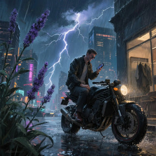 Man on a motorcycle in a futuristic city with lightning and rain