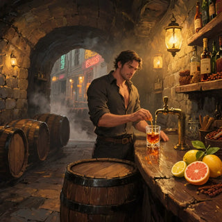 Man pouring a drink in a rustic bar setting with barrels and bottles.